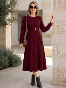 SHEIN LUNE Women's Solid Color Round Neck Long Sleeve Ribbed Elegant Mid-Length Dress - Burgundy - View 4