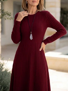 SHEIN LUNE Women's Solid Color Round Neck Long Sleeve Ribbed Elegant Mid-Length Dress - Burgundy - View 6