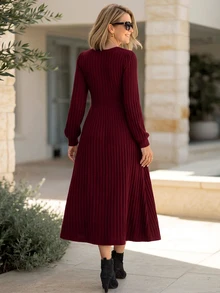 SHEIN LUNE Women's Solid Color Round Neck Long Sleeve Ribbed Elegant Mid-Length Dress - Burgundy - View 2