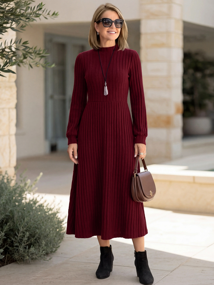 SHEIN LUNE Vestido elegante de longitud media de unicolor, cuello redondo, manga larga y acanalado para mujeres - Burdeos - Añade 3