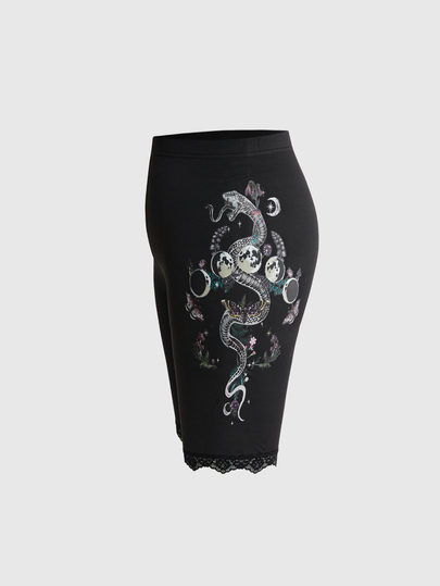 Goth Vintage Dark Snake & Floral Print Versatile Plus Size Leggings