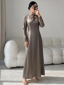 Yasmyna Women's Solid Color Twisted Knot Casual Party Dress - Grey - View 4