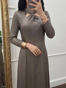 Yasmyna Women's Solid Color Twisted Knot Casual Party Dress - Grey - View 1