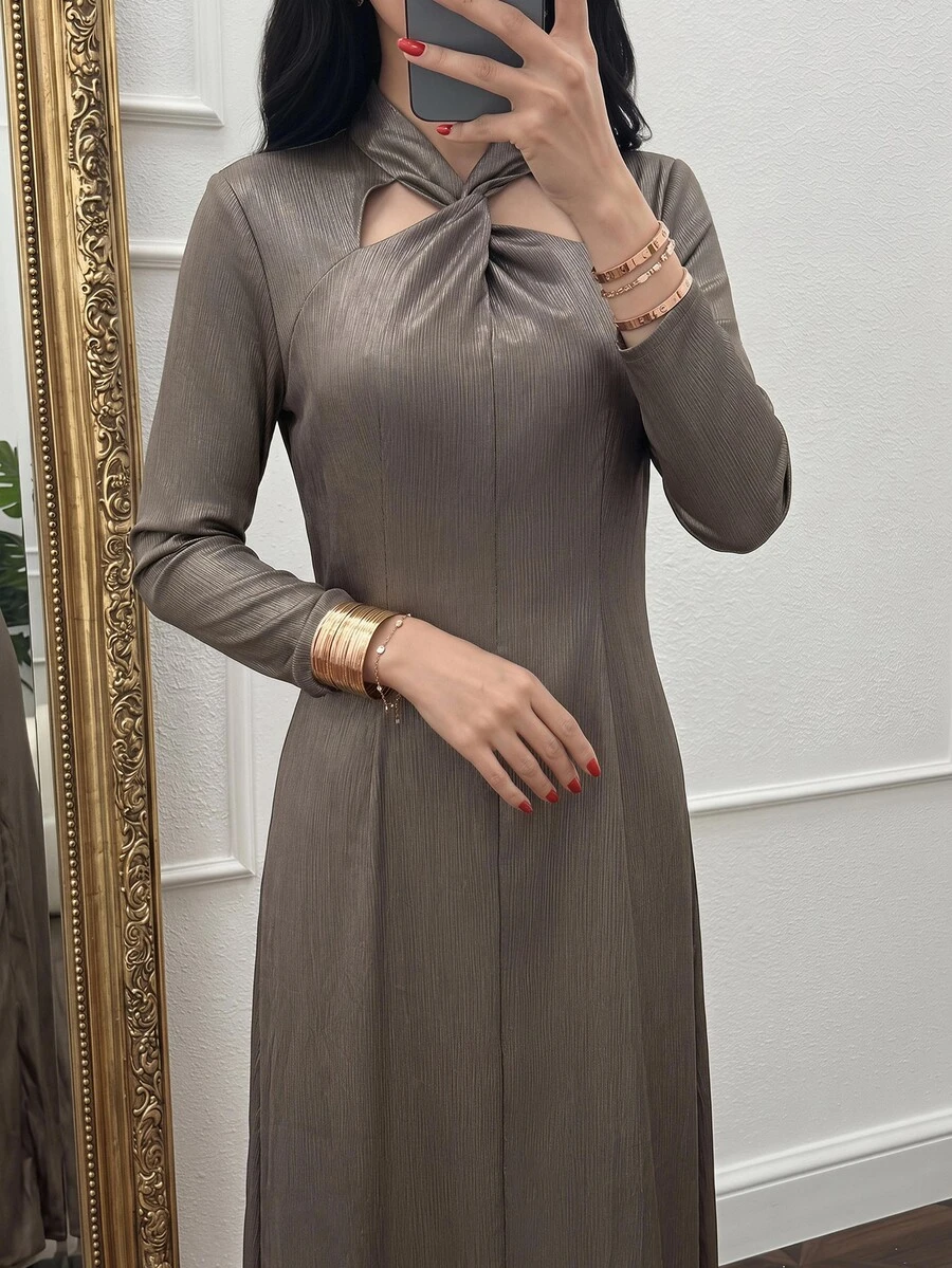 Yasmyna Women's Solid Color Twisted Knot Casual Party Dress - Grey - View 1