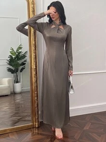 Yasmyna Women's Solid Color Twisted Knot Casual Party Dress - Grey - View 5