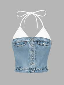 Resyla Camiseta de tirantes finos con efecto denim Y2K casual 2 en 1 top tubo - Multicolor - Ver 3
