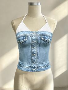 Resyla Camiseta de tirantes finos con efecto denim Y2K casual 2 en 1 top tubo - Multicolor - Ver 4