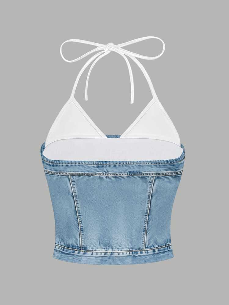 Resyla Y2K Denim Effect Casual Spaghetti Strap Camisole 2 In 1 Tube Top Tees - Multicolor - View 2