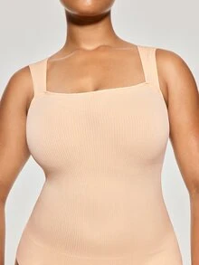 SHAPORA 1 buah Tank Top Wanita Minimalis Tanpa Jahitan dengan Leher Persegi Bergaris untuk Kontrol Perut dan Pembentuk Tubuh - Krem - View 4