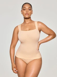 SHAPORA 1 buah Tank Top Wanita Minimalis Tanpa Jahitan dengan Leher Persegi Bergaris untuk Kontrol Perut dan Pembentuk Tubuh - Krem - View 3