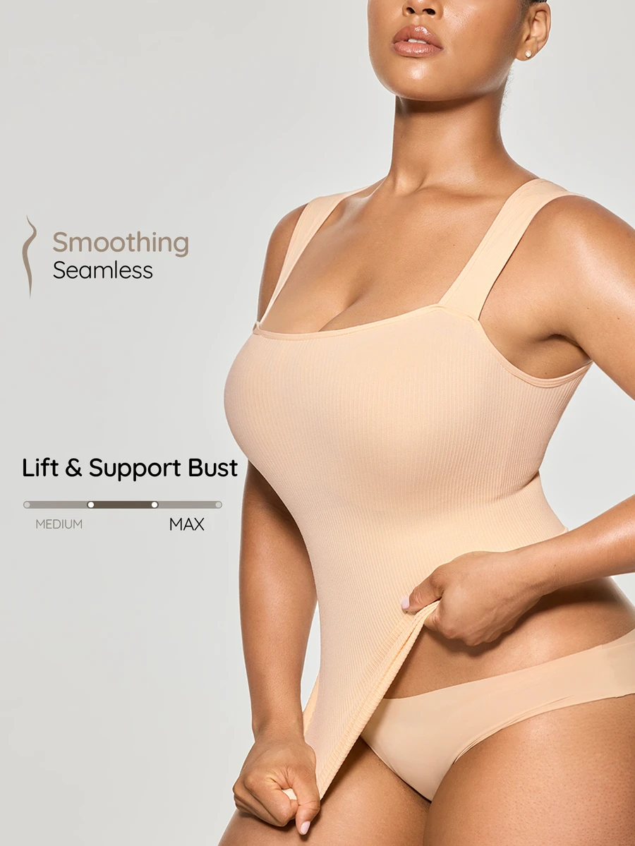SHAPORA 1 buah Tank Top Wanita Minimalis Tanpa Jahitan dengan Leher Persegi Bergaris untuk Kontrol Perut dan Pembentuk Tubuh - Krem - View 1