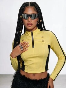 Gowayae Gowayae Kaos Lengan Panjang Model Amerika dengan Kerah Tegak dan Resleting, Kancing Emas, dan Hiasan Samping, Motif Blok Warna. - Kuning - View 4