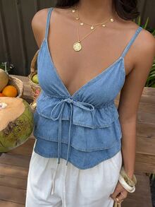 SHEIN Unity Women's Summer Casual Boho Ruffle Trim Denim Camisole Top Beach Vacation Light Blue - Blue - View 5