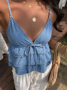 SHEIN Unity Women's Summer Casual Boho Ruffle Trim Denim Camisole Top Beach Vacation Light Blue - Blue - View 7