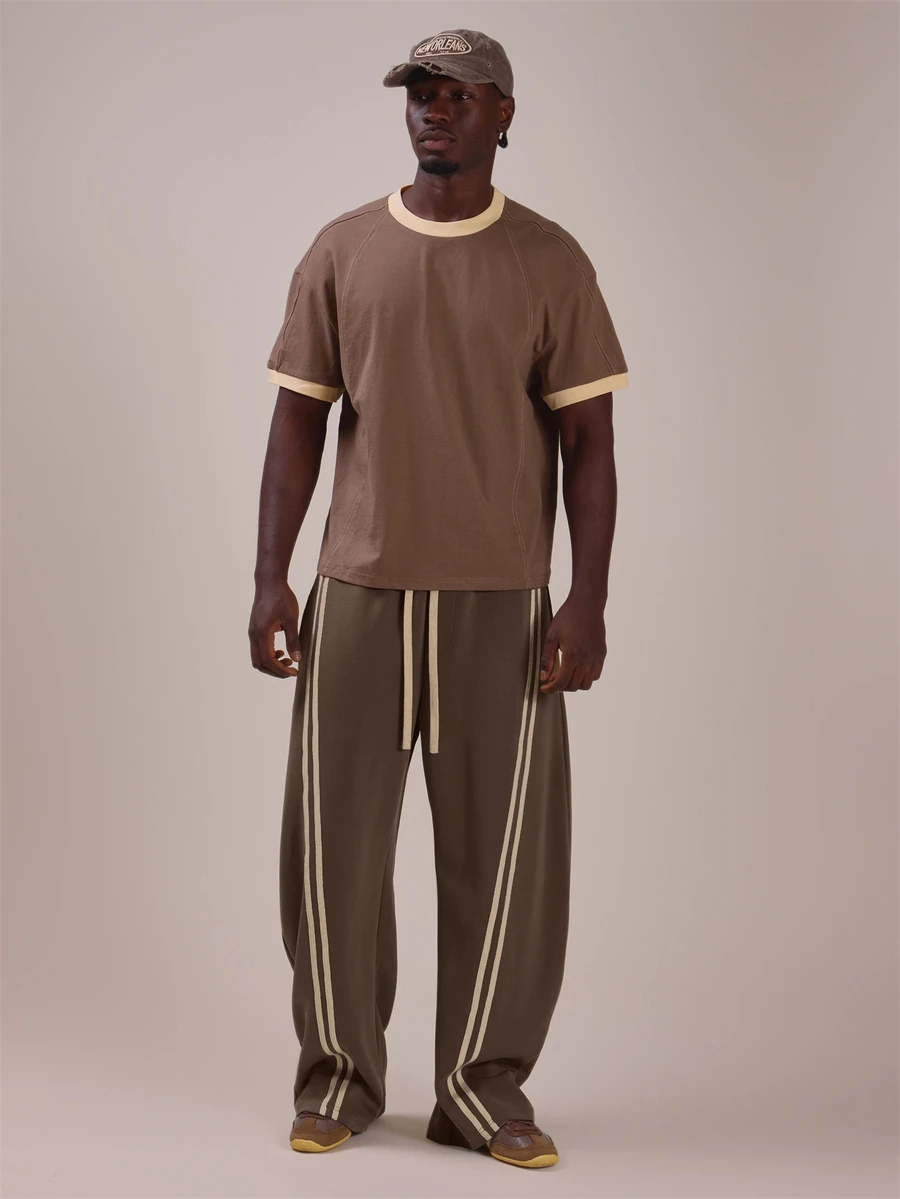 Musero Double Stripe Down Front Joggers Elasticated Wasit Extrernal Drawstrings Co Ord Trousers Only - Brown - View 1