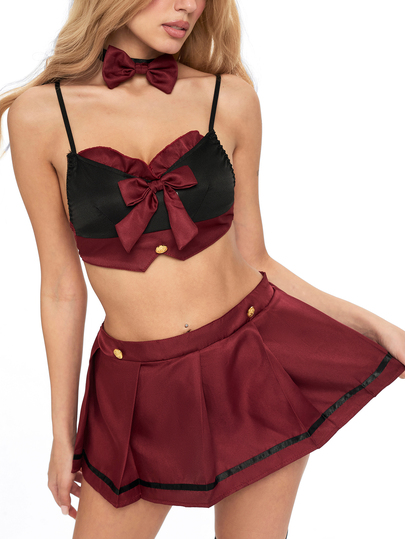 ROMWE Kawaii بدلة سكرتيرة إغراء مثيرة ذات زي مدرسي كاواييي، بدلة رباعية القطع مع ربطة عنق لعيد الحب، ملابس داخلية مثيرة