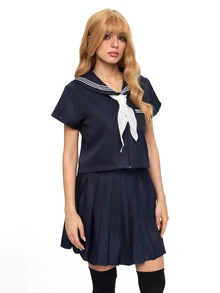 ROMWE Anime Kawaii 校園風水手領 Cosplay 制服，純海軍藍配蝴蝶結與百褶裙，日系學生風常規短袖套裝，3 件式 JK 水手服 - 藏青色 - 查看 5
