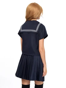 ROMWE Anime Kawaii 校園風水手領 Cosplay 制服，純海軍藍配蝴蝶結與百褶裙，日系學生風常規短袖套裝，3 件式 JK 水手服 - 藏青色 - 查看 4