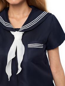 ROMWE Anime Kawaii 校園風水手領 Cosplay 制服，純海軍藍配蝴蝶結與百褶裙，日系學生風常規短袖套裝，3 件式 JK 水手服 - 藏青色 - 查看 3