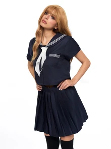 ROMWE Anime Kawaii 校園風水手領 Cosplay 制服，純海軍藍配蝴蝶結與百褶裙，日系學生風常規短袖套裝，3 件式 JK 水手服 - 藏青色 - 查看 6