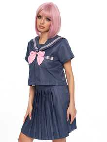 ROMWE Anime Kawaii Academy 風水手服領 Cosplay 制服，灰色與粉色搭配蝴蝶結與百褶裙，日系女學生風格常規短袖套裝，3 件式 JK 水手服 - 灰色 - 查看 9