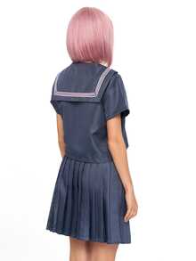ROMWE Anime Kawaii Academy 風水手服領 Cosplay 制服，灰色與粉色搭配蝴蝶結與百褶裙，日系女學生風格常規短袖套裝，3 件式 JK 水手服 - 灰色 - 查看 4