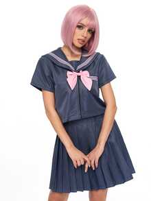 ROMWE Anime Kawaii Academy 風水手服領 Cosplay 制服，灰色與粉色搭配蝴蝶結與百褶裙，日系女學生風格常規短袖套裝，3 件式 JK 水手服 - 灰色 - 查看 8