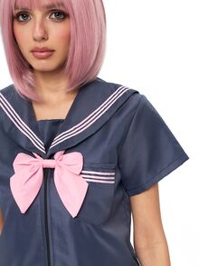 ROMWE Anime Kawaii Academy 風水手服領 Cosplay 制服，灰色與粉色搭配蝴蝶結與百褶裙，日系女學生風格常規短袖套裝，3 件式 JK 水手服 - 灰色 - 查看 5