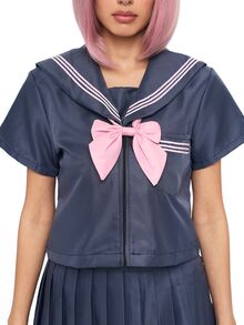 ROMWE Anime Kawaii Academy 風水手服領 Cosplay 制服，灰色與粉色搭配蝴蝶結與百褶裙，日系女學生風格常規短袖套裝，3 件式 JK 水手服 - 灰色 - 查看 10