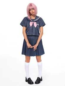 ROMWE Anime Kawaii Academy 風水手服領 Cosplay 制服，灰色與粉色搭配蝴蝶結與百褶裙，日系女學生風格常規短袖套裝，3 件式 JK 水手服 - 灰色 - 查看 7
