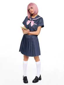 ROMWE Anime Kawaii Academy 風水手服領 Cosplay 制服，灰色與粉色搭配蝴蝶結與百褶裙，日系女學生風格常規短袖套裝，3 件式 JK 水手服 - 灰色 - 查看 2