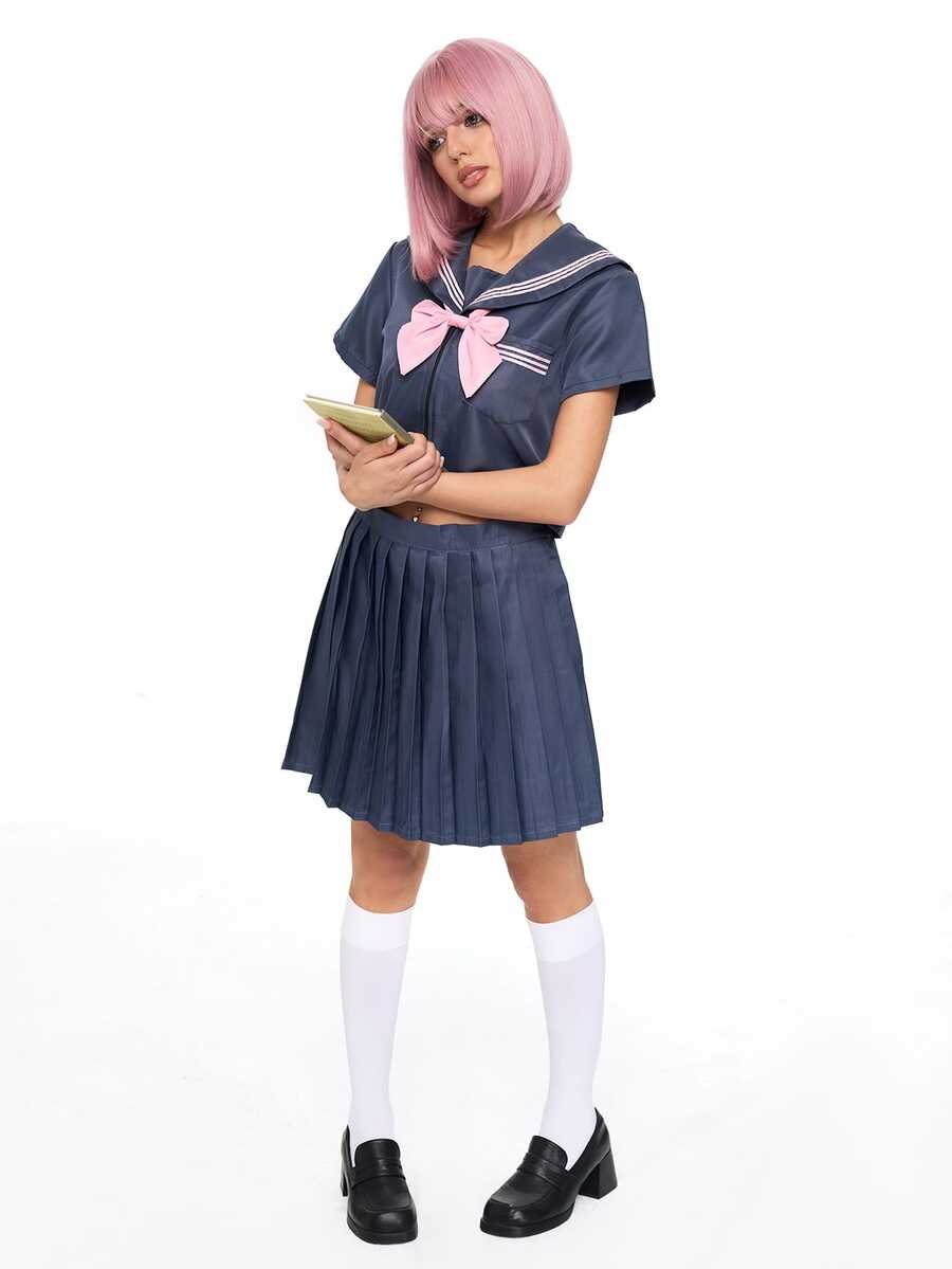 ROMWE Anime Kawaii Academy 風水手服領 Cosplay 制服，灰色與粉色搭配蝴蝶結與百褶裙，日系女學生風格常規短袖套裝，3 件式 JK 水手服