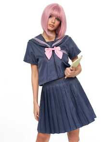 ROMWE Anime Kawaii Academy 風水手服領 Cosplay 制服，灰色與粉色搭配蝴蝶結與百褶裙，日系女學生風格常規短袖套裝，3 件式 JK 水手服 - 灰色 - 查看 3