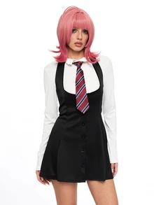 ROMWE Anime 1pc Academic Style High-Waisted Single-Breasted Slimming Outfit Set, Cosplay Costume, Suitable For All Holidays, Valentine's Day Gift, Daily & Holiday Wear, Includes Long Sleeve Top + Dress - Black and White - View 6