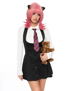 ROMWE Anime 1pc Academic Style High-Waisted Single-Breasted Slimming Outfit Set, Cosplay Costume, Suitable For All Holidays, Valentine's Day Gift, Daily & Holiday Wear, Includes Long Sleeve Top + Dress - Black and White - View 10