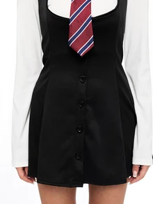 ROMWE Anime 1pc Academic Style High-Waisted Single-Breasted Slimming Outfit Set, Cosplay Costume, Suitable For All Holidays, Valentine's Day Gift, Daily & Holiday Wear, Includes Long Sleeve Top + Dress - Black and White - View 11