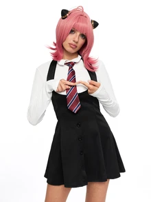 ROMWE Anime 1pc Academic Style High-Waisted Single-Breasted Slimming Outfit Set, Cosplay Costume, Suitable For All Holidays, Valentine's Day Gift, Daily & Holiday Wear, Includes Long Sleeve Top + Dress - Black and White - View 8