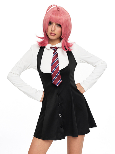 ROMWE Anime 一套学院风高腰单排扣显瘦套装，角色扮演服装，适合所有节日、情人节礼物、日常及节日穿着，包含长袖上衣和连衣裙。