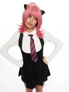 ROMWE Anime 1pc Academic Style High-Waisted Single-Breasted Slimming Outfit Set, Cosplay Costume, Suitable For All Holidays, Valentine's Day Gift, Daily & Holiday Wear, Includes Long Sleeve Top + Dress - Black and White - View 2