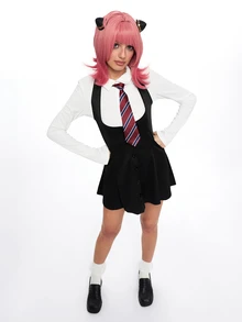 ROMWE Anime 1pc Academic Style High-Waisted Single-Breasted Slimming Outfit Set, Cosplay Costume, Suitable For All Holidays, Valentine's Day Gift, Daily & Holiday Wear, Includes Long Sleeve Top + Dress - Black and White - View 9