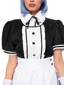 ROMWE Anime 1pc Maid Dress Set, Black & White Color Block, Puff Sleeve With Ruffle Apron, Delicate Lace & Bow Details, Fitted Silhouette, Suitable For Cosplay, Maid-Themed Parties, Photo Shoots - White - View 9