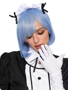 ROMWE Anime 1pc Maid Dress Set, Black & White Color Block, Puff Sleeve With Ruffle Apron, Delicate Lace & Bow Details, Fitted Silhouette, Suitable For Cosplay, Maid-Themed Parties, Photo Shoots - White - View 13