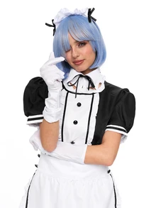 ROMWE Anime 1pc Maid Dress Set, Black & White Color Block, Puff Sleeve With Ruffle Apron, Delicate Lace & Bow Details, Fitted Silhouette, Suitable For Cosplay, Maid-Themed Parties, Photo Shoots - White - View 4