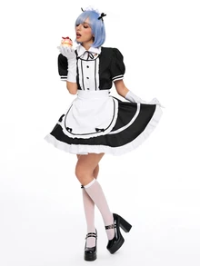 ROMWE Anime 1pc Maid Dress Set, Black & White Color Block, Puff Sleeve With Ruffle Apron, Delicate Lace & Bow Details, Fitted Silhouette, Suitable For Cosplay, Maid-Themed Parties, Photo Shoots - White - View 10