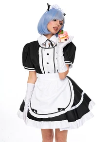 ROMWE Anime 1pc Maid Dress Set, Black & White Color Block, Puff Sleeve With Ruffle Apron, Delicate Lace & Bow Details, Fitted Silhouette, Suitable For Cosplay, Maid-Themed Parties, Photo Shoots - White - View 5
