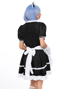 ROMWE Anime 1pc Maid Dress Set, Black & White Color Block, Puff Sleeve With Ruffle Apron, Delicate Lace & Bow Details, Fitted Silhouette, Suitable For Cosplay, Maid-Themed Parties, Photo Shoots - White - View 3