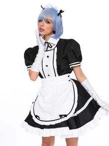 ROMWE Anime 1pc Maid Dress Set, Black & White Color Block, Puff Sleeve With Ruffle Apron, Delicate Lace & Bow Details, Fitted Silhouette, Suitable For Cosplay, Maid-Themed Parties, Photo Shoots - White - View 12