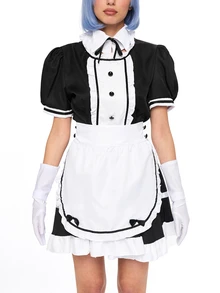ROMWE Anime 1pc Maid Dress Set, Black & White Color Block, Puff Sleeve With Ruffle Apron, Delicate Lace & Bow Details, Fitted Silhouette, Suitable For Cosplay, Maid-Themed Parties, Photo Shoots - White - View 6