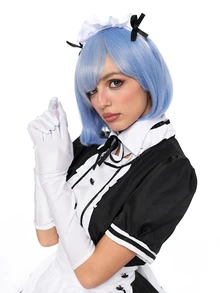 ROMWE Anime 1pc Maid Dress Set, Black & White Color Block, Puff Sleeve With Ruffle Apron, Delicate Lace & Bow Details, Fitted Silhouette, Suitable For Cosplay, Maid-Themed Parties, Photo Shoots - White - View 7
