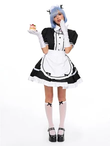 ROMWE Anime 1pc Maid Dress Set, Black & White Color Block, Puff Sleeve With Ruffle Apron, Delicate Lace & Bow Details, Fitted Silhouette, Suitable For Cosplay, Maid-Themed Parties, Photo Shoots - White - View 2